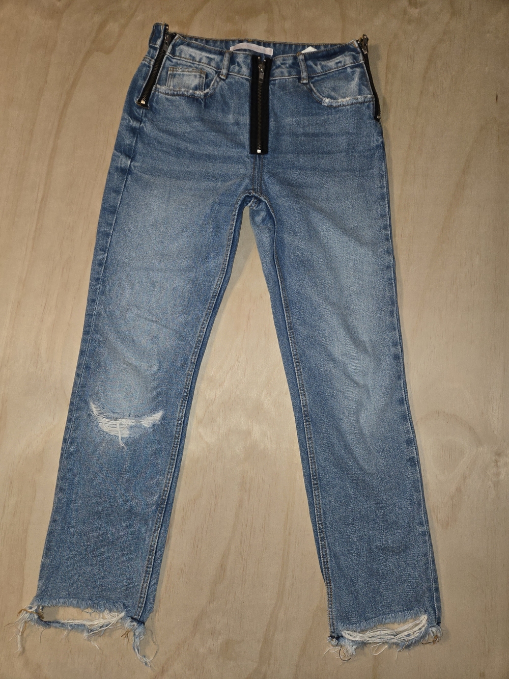 Zara TRF Denimwear Exposed Front Zip Distressed Jeans Medium Wash Size 2